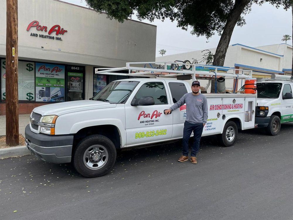 The Pon Air shop on Wheeler Ave in Fontana with company trucks outside.